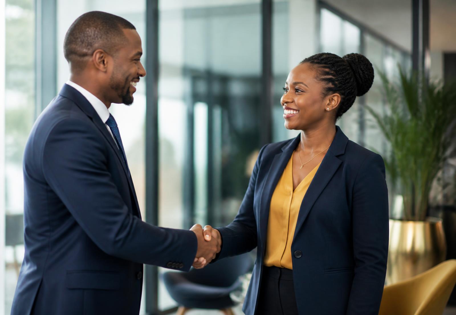 Two business professionals making a business introduction in a modern South African office
